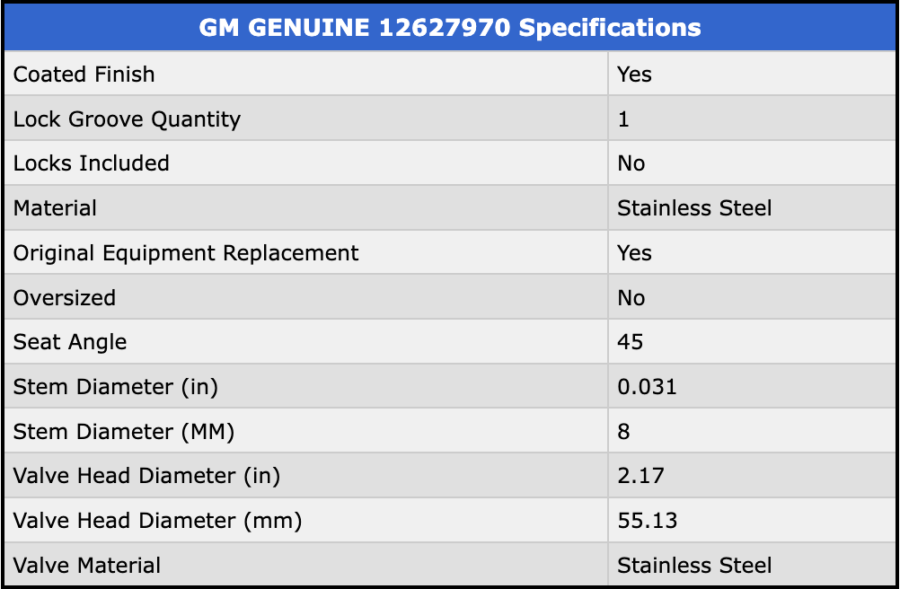 Genuine GM LS 6L Inlet Valve 12627970